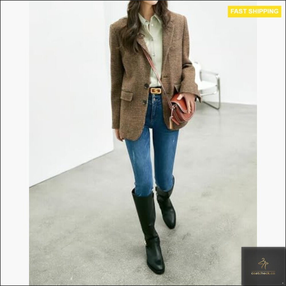 Wool Blend Blazer Classic Plaid Business Casual Work Coat Elegant Retro - Picture 3 of 7